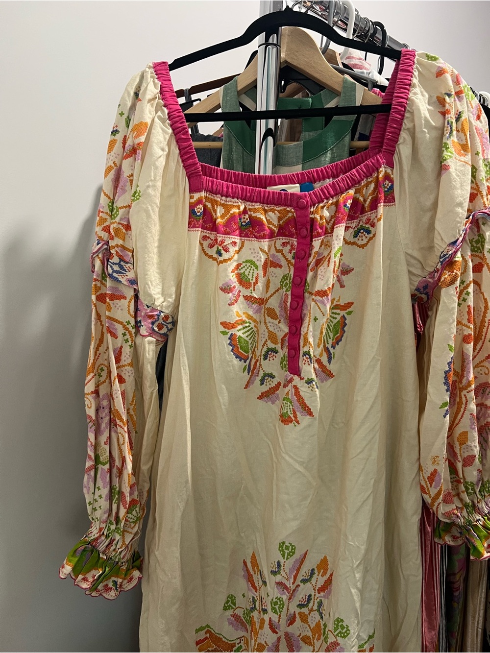 FARM Rio Cream maxi dress with Pink Trim and Multicolor Embroidery